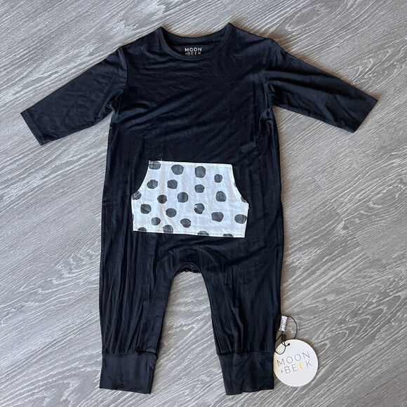 Moon + Beck Romper Kids 3 Black With Polkadot Pocket - Picture 1 of 7